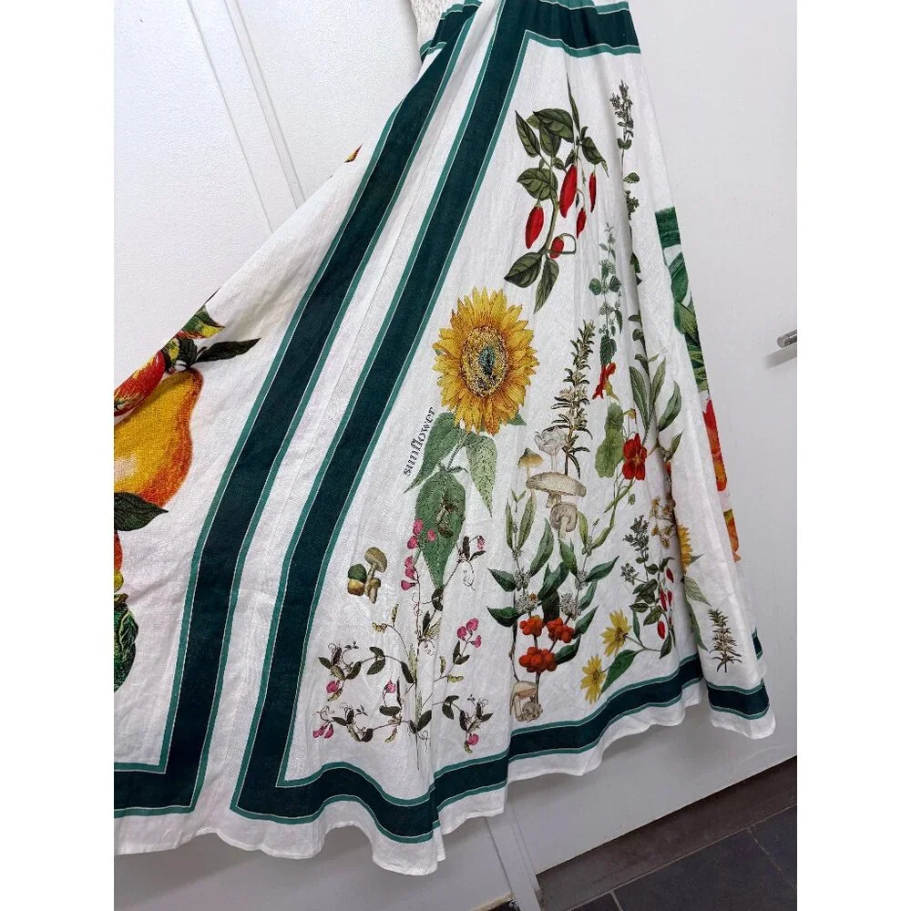 NWT Alemais Frutta Midi Sun Dress White Green Floral Fruit Stripe Linen AU 8 US4 - Picture 15 of 16